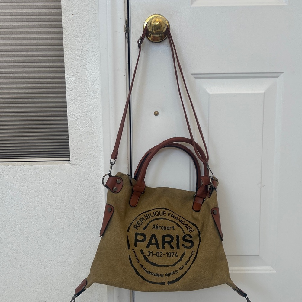 Paris Stamp Canvas Tote Bag with Brown Leather Trim. Travel with this bag. - Picture 2 of 4